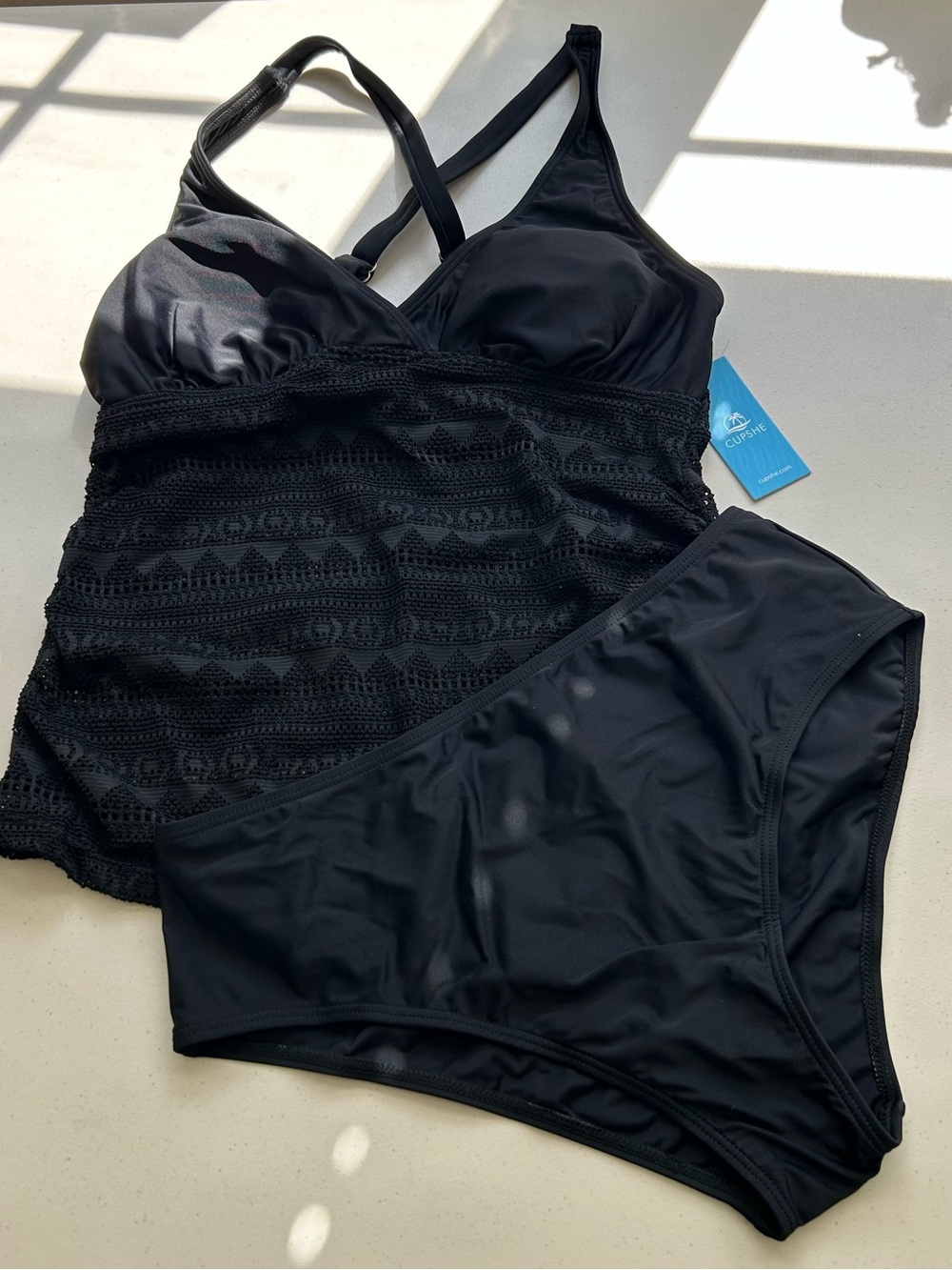 Cupshe Womens Black Lace Bikini Tankini Set Two Piece Bikini Swimsuit Medium